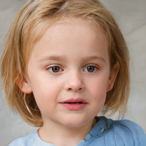 Neutral white child female with medium  brown hair and blue eyes