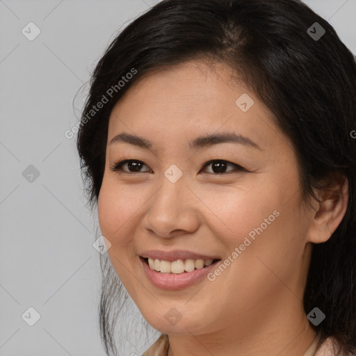 Joyful white young-adult female with medium  brown hair and brown eyes