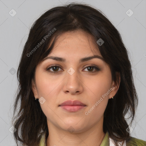 Neutral white young-adult female with medium  brown hair and brown eyes