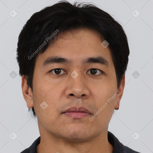 Neutral asian young-adult male with short  brown hair and brown eyes