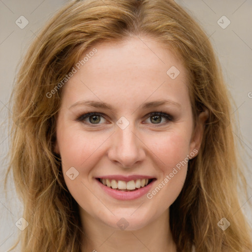 Joyful white young-adult female with long  brown hair and green eyes