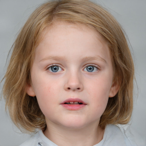 Neutral white child female with medium  brown hair and blue eyes