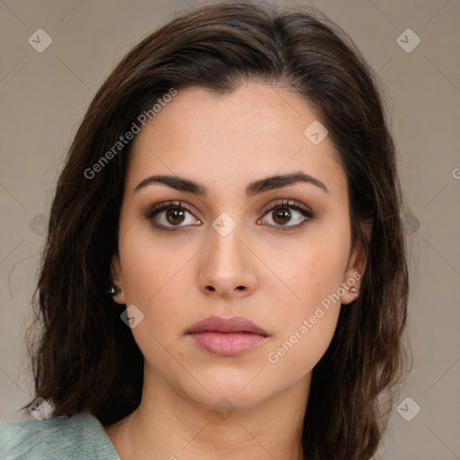 Neutral white young-adult female with medium  brown hair and brown eyes