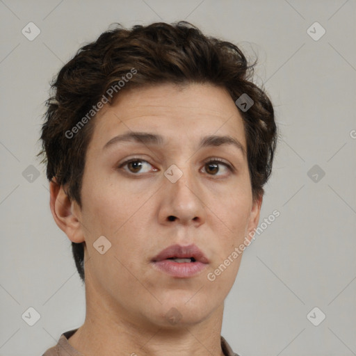 Neutral white young-adult female with short  brown hair and brown eyes