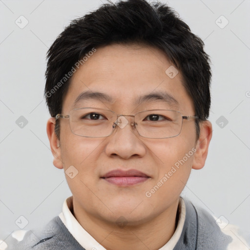 Joyful asian adult male with short  brown hair and brown eyes