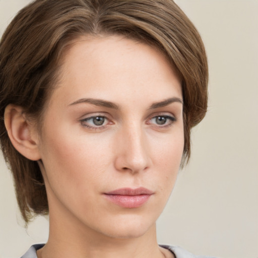 Neutral white young-adult female with medium  brown hair and grey eyes