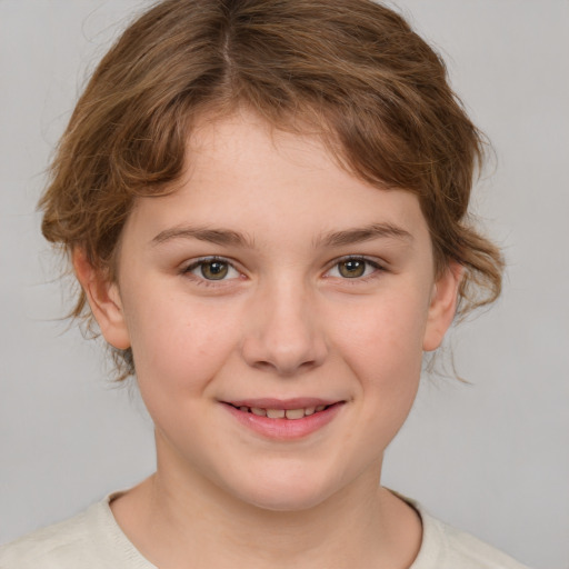 Joyful white child female with medium  brown hair and brown eyes