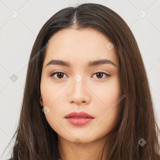 Neutral white young-adult female with long  brown hair and brown eyes