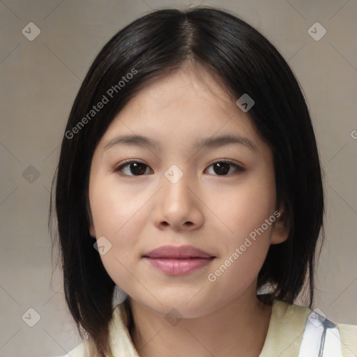 Neutral asian young-adult female with medium  black hair and brown eyes