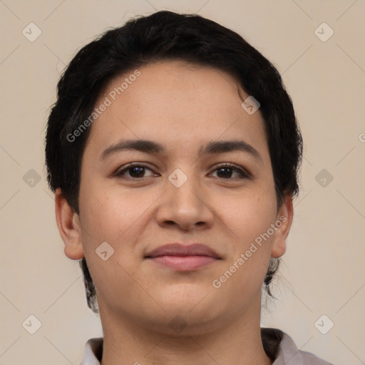 Joyful latino young-adult female with short  brown hair and brown eyes