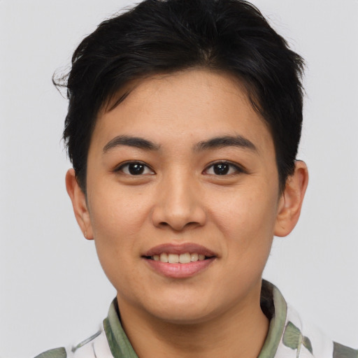 Joyful asian young-adult female with short  brown hair and brown eyes
