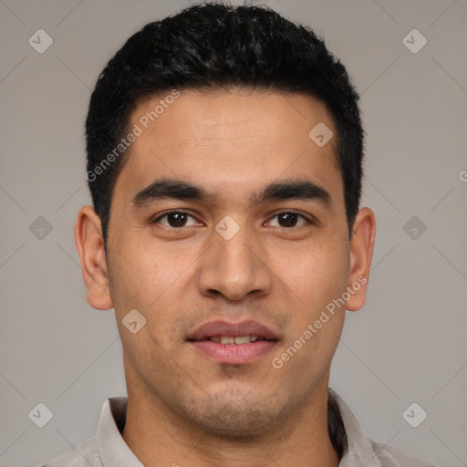 Joyful white young-adult male with short  black hair and brown eyes