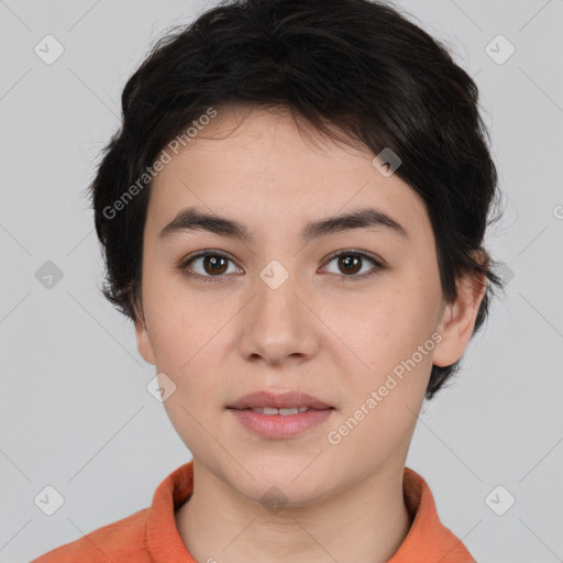 Neutral white young-adult female with medium  brown hair and brown eyes