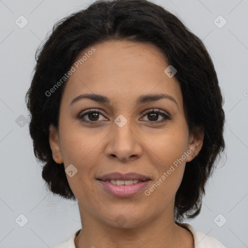 Joyful latino young-adult female with medium  brown hair and brown eyes