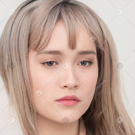 Neutral white young-adult female with long  brown hair and brown eyes