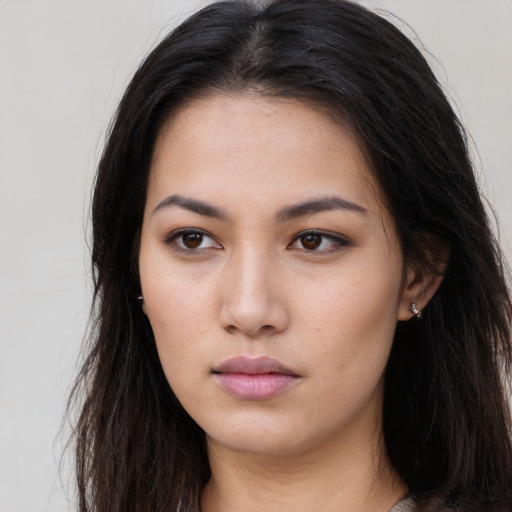 Neutral asian young-adult female with long  brown hair and brown eyes