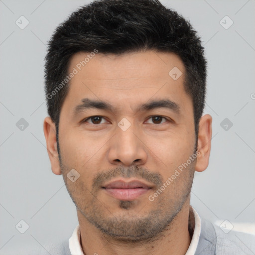 Neutral asian young-adult male with short  black hair and brown eyes