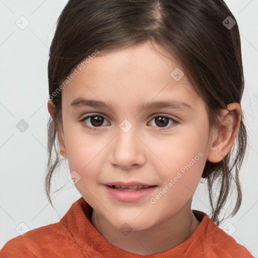 Joyful white child female with medium  brown hair and brown eyes