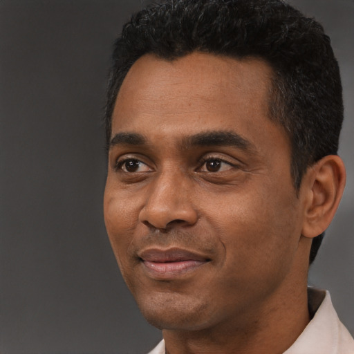 Joyful black adult male with short  black hair and brown eyes