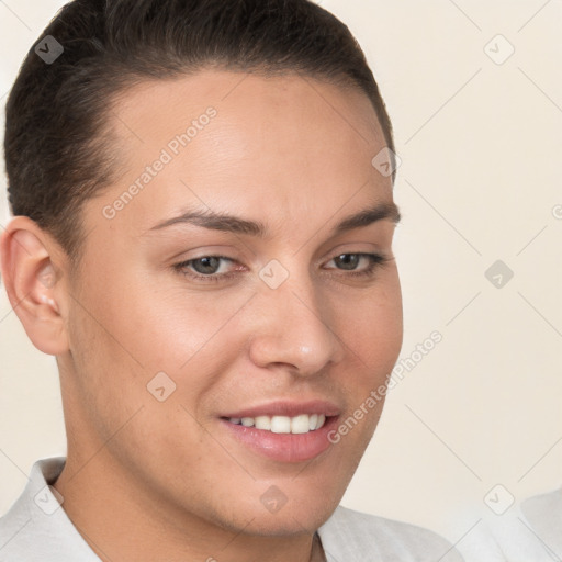 Joyful white young-adult female with short  brown hair and brown eyes