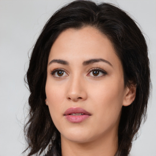 Neutral white young-adult female with medium  black hair and brown eyes