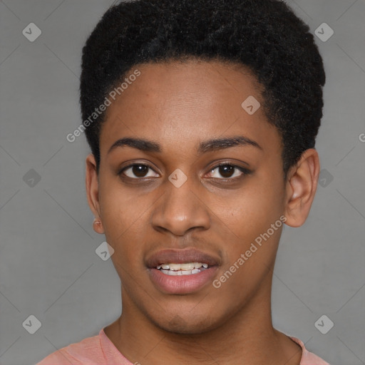 Joyful latino young-adult female with short  black hair and brown eyes