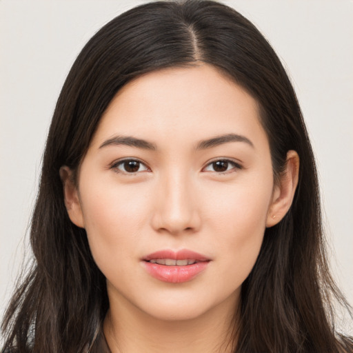 Neutral asian young-adult female with long  brown hair and brown eyes