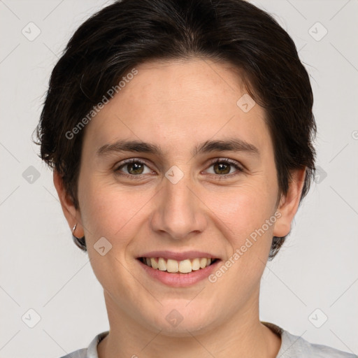 Joyful white young-adult female with short  brown hair and grey eyes