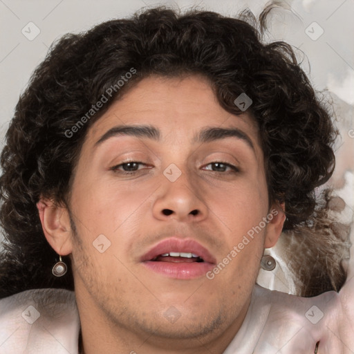 Joyful white young-adult male with medium  brown hair and brown eyes