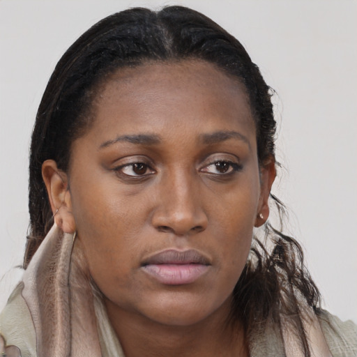 Neutral black young-adult female with long  brown hair and brown eyes
