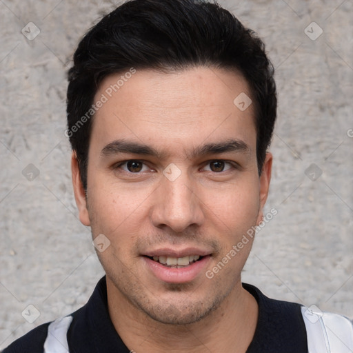 Joyful white young-adult male with short  black hair and brown eyes