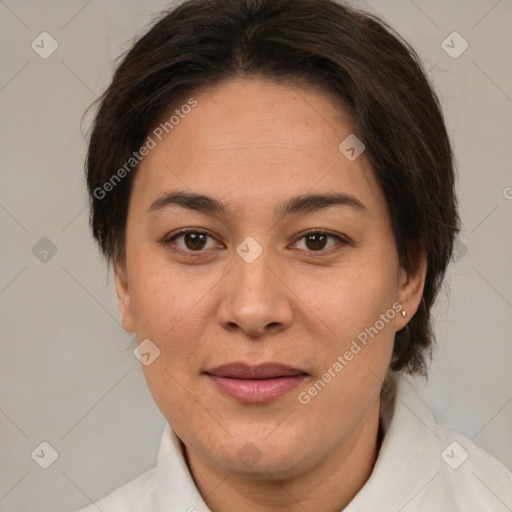 Joyful white adult female with medium  brown hair and brown eyes