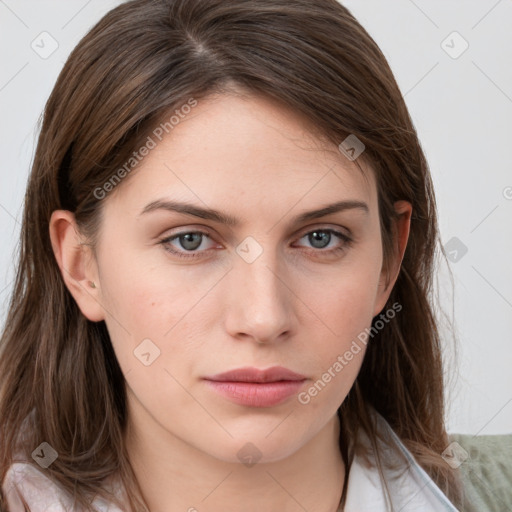 Neutral white young-adult female with medium  brown hair and grey eyes