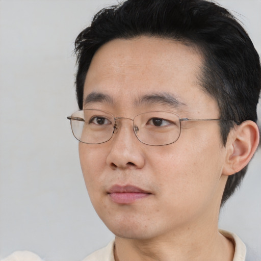 Neutral asian adult male with short  black hair and brown eyes