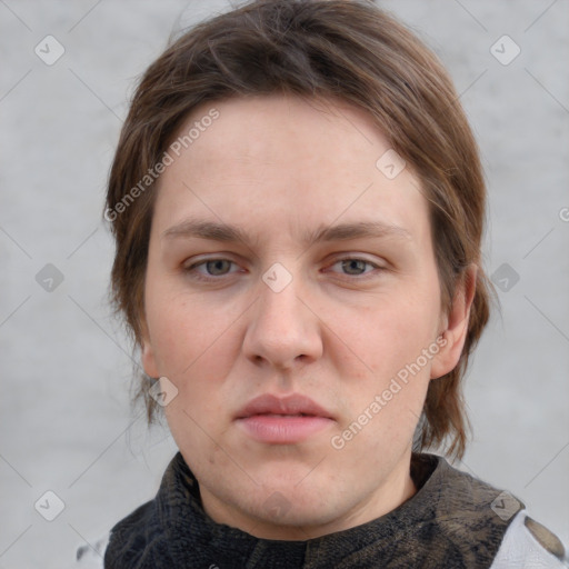 Neutral white young-adult female with medium  brown hair and grey eyes