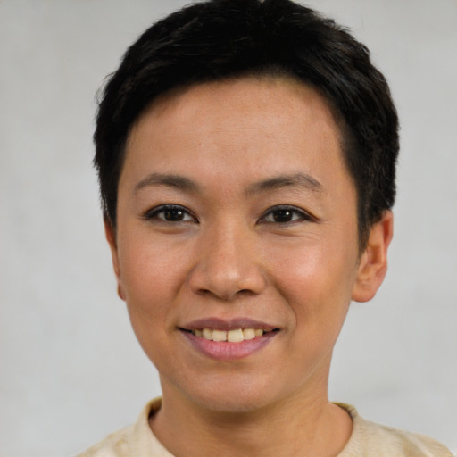 Joyful white young-adult female with short  black hair and brown eyes