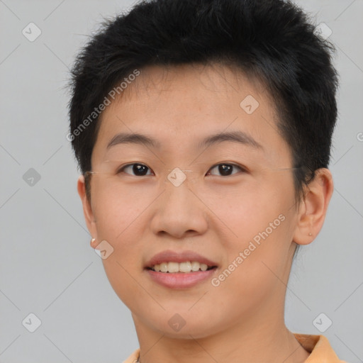 Joyful asian young-adult female with short  brown hair and brown eyes