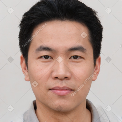 Neutral asian young-adult male with short  black hair and brown eyes