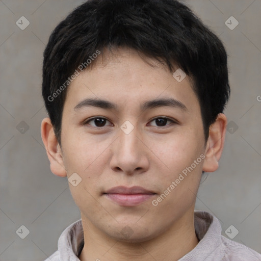 Neutral asian young-adult male with short  brown hair and brown eyes