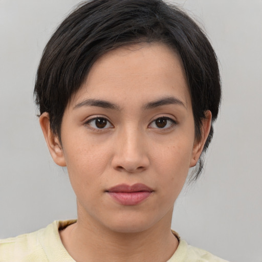 Neutral asian young-adult female with medium  brown hair and brown eyes