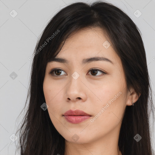 Neutral asian young-adult female with long  brown hair and brown eyes