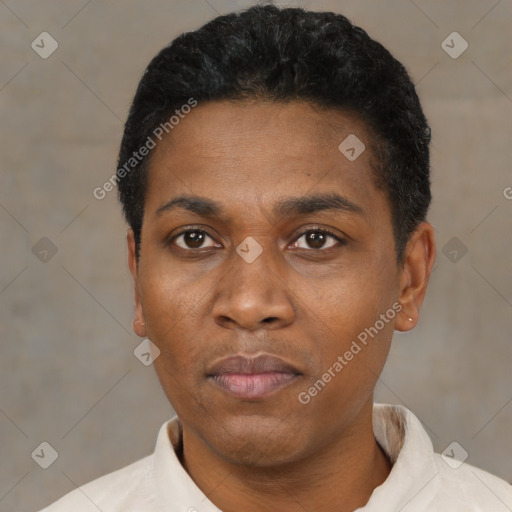 Neutral black adult male with short  black hair and brown eyes