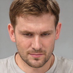 Joyful white adult male with short  brown hair and grey eyes