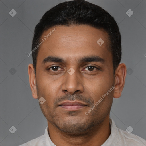 Neutral latino young-adult male with short  black hair and brown eyes