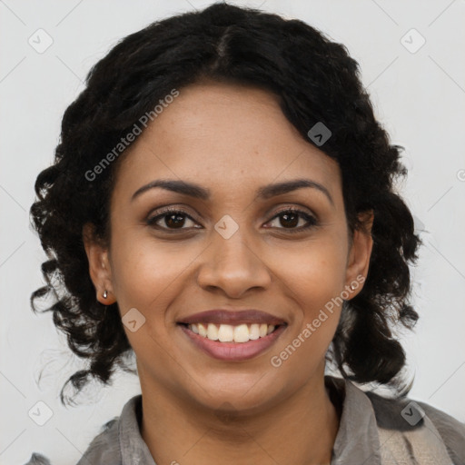 Joyful latino young-adult female with long  black hair and brown eyes