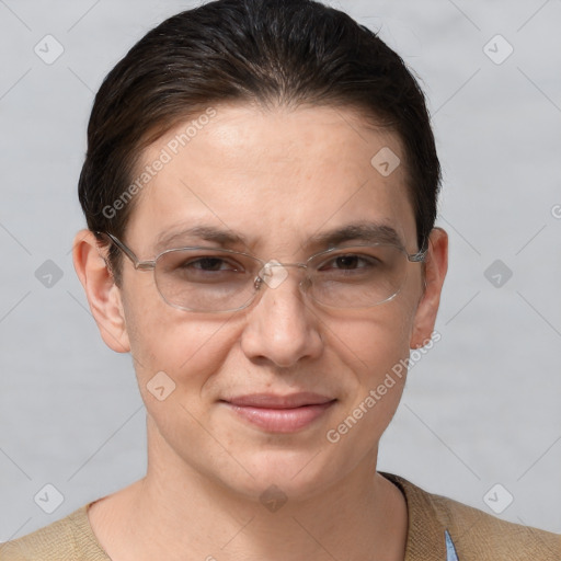 Joyful white adult female with short  brown hair and brown eyes