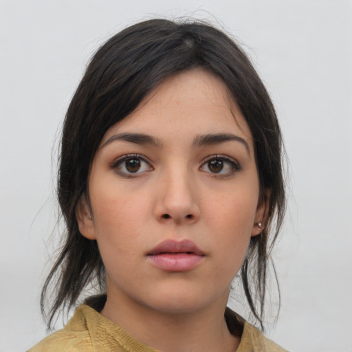 Neutral asian young-adult female with medium  brown hair and brown eyes