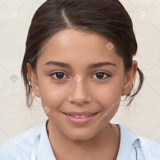 Joyful white child female with medium  brown hair and brown eyes