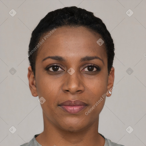 Neutral black young-adult female with short  black hair and brown eyes