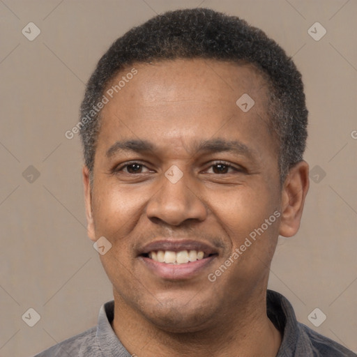 Joyful latino adult male with short  black hair and brown eyes